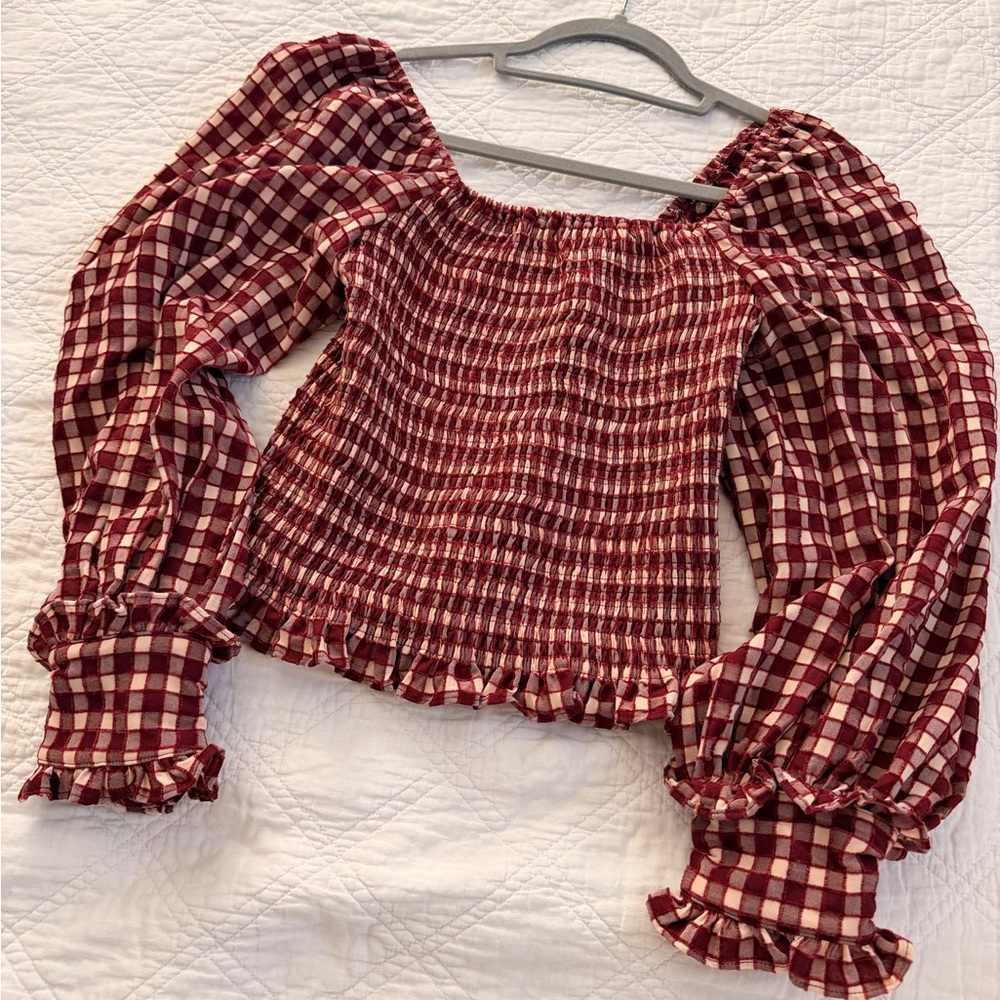 Plaid Smocked Puff Sleeve Top